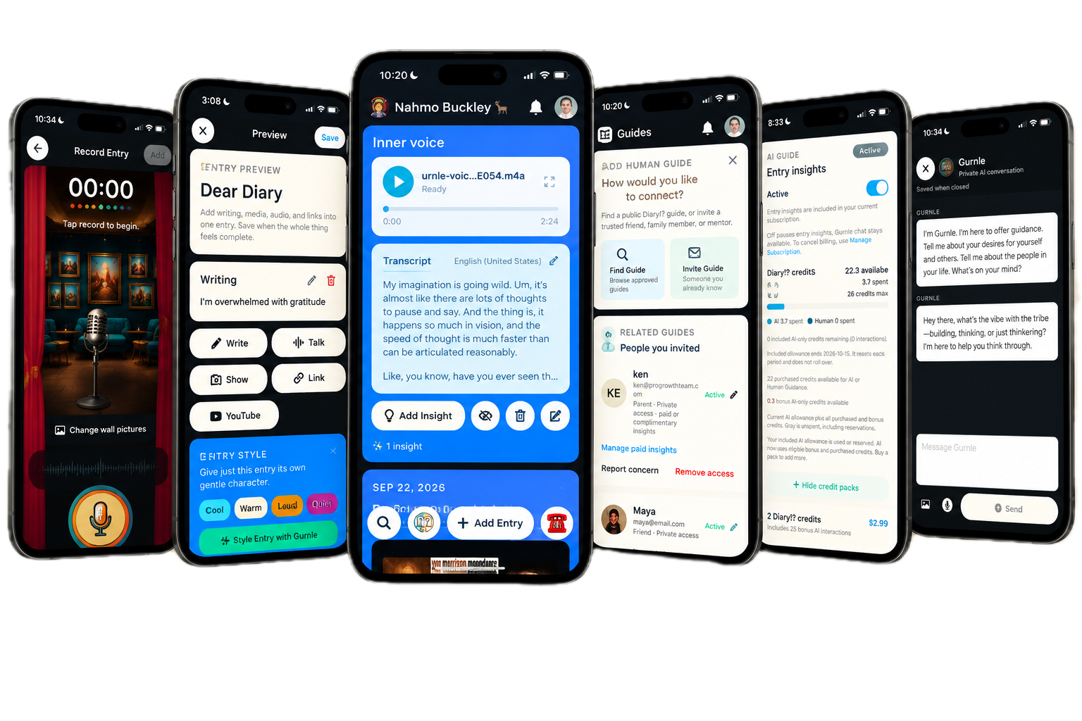 Diary!? mobile screens for recording a new entry, connecting with a guide, and talking privately with Gurnle